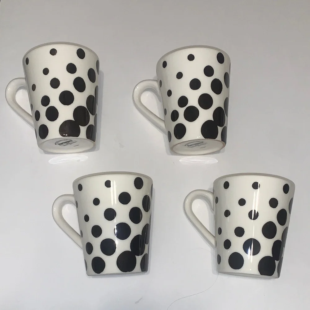 Pier 1 Kate Cream and Black Dotted/ Polka Dot Earthenware Ceramic Set Of Mugs